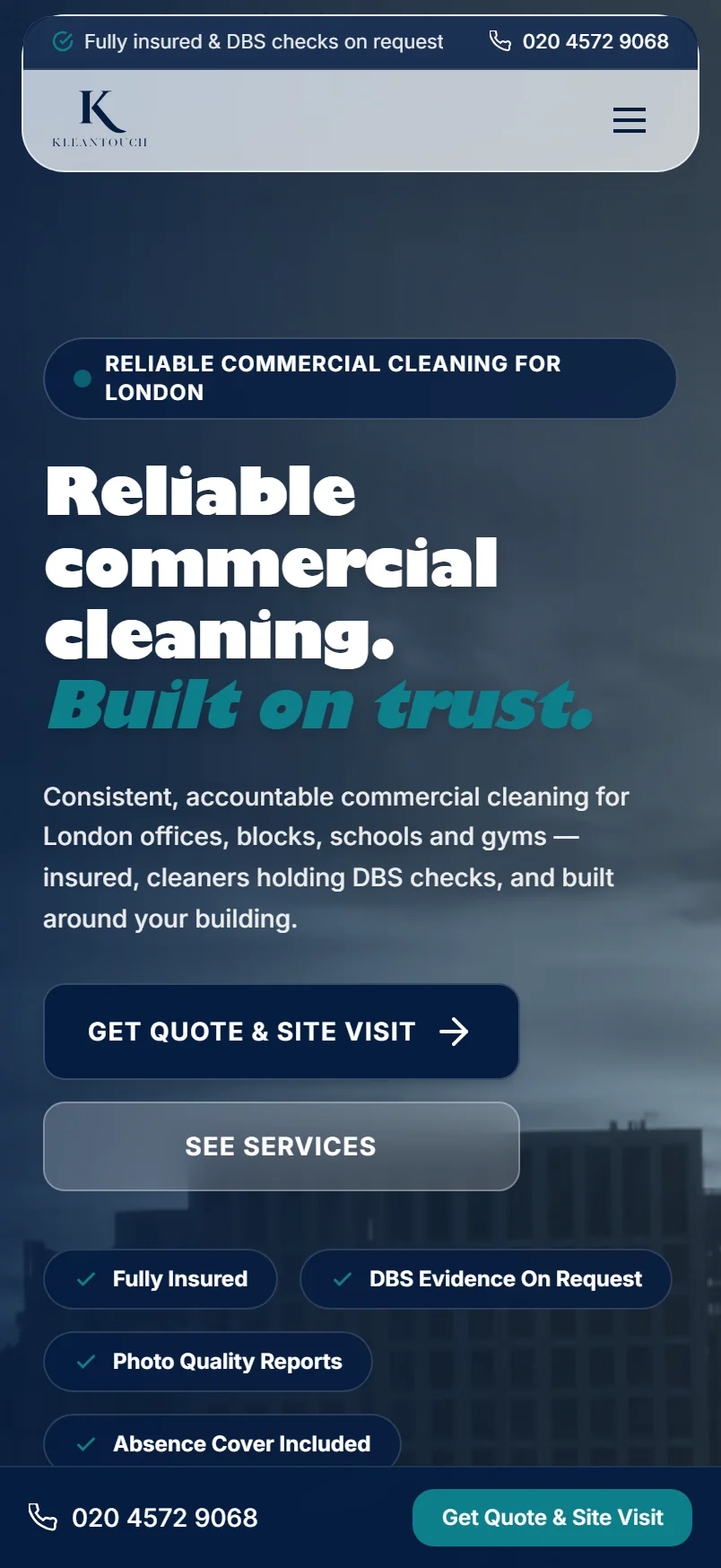 Klean Touch Commercial Cleaning mobile website built by TradesRank