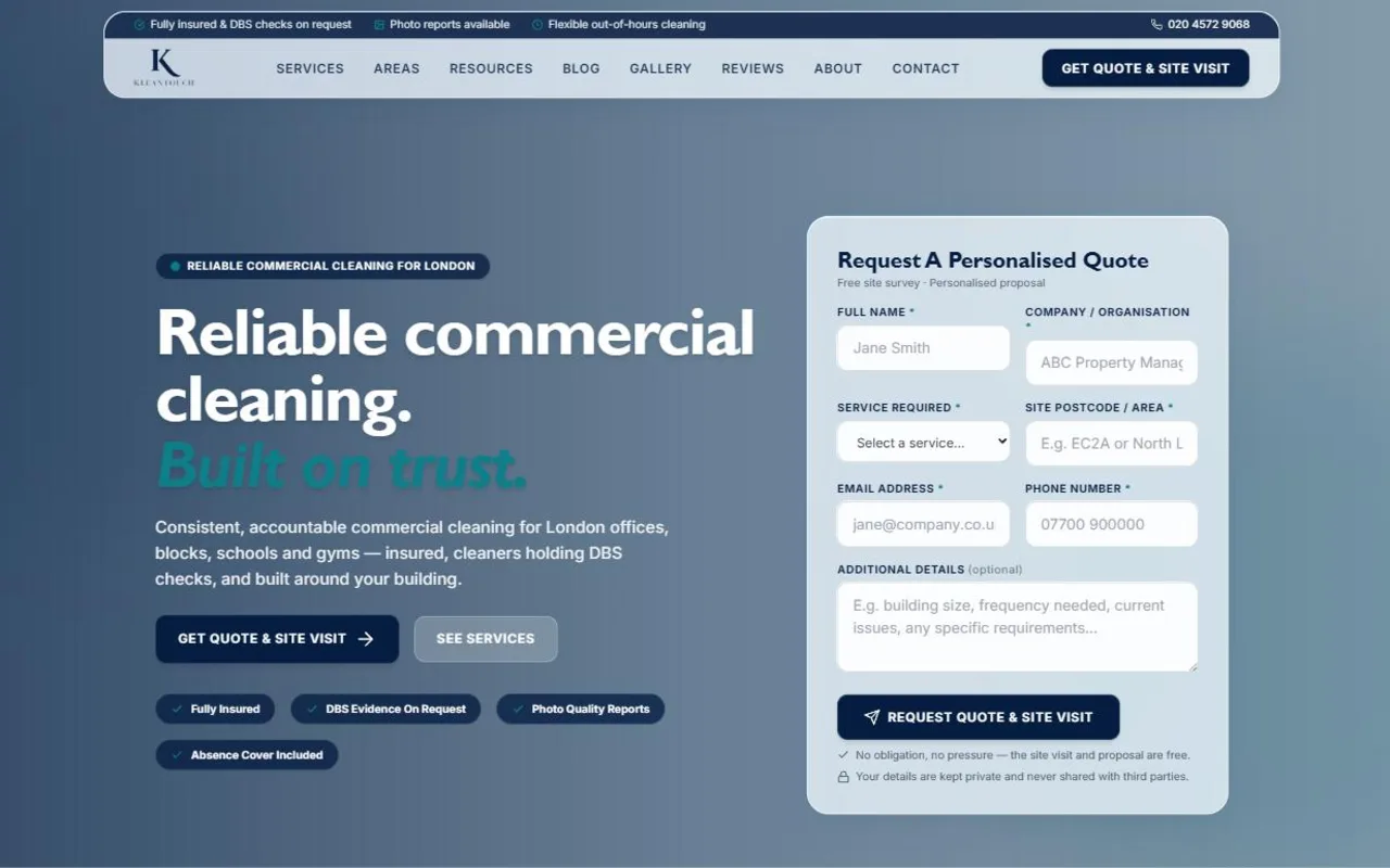 Klean Touch commercial cleaning website screenshot